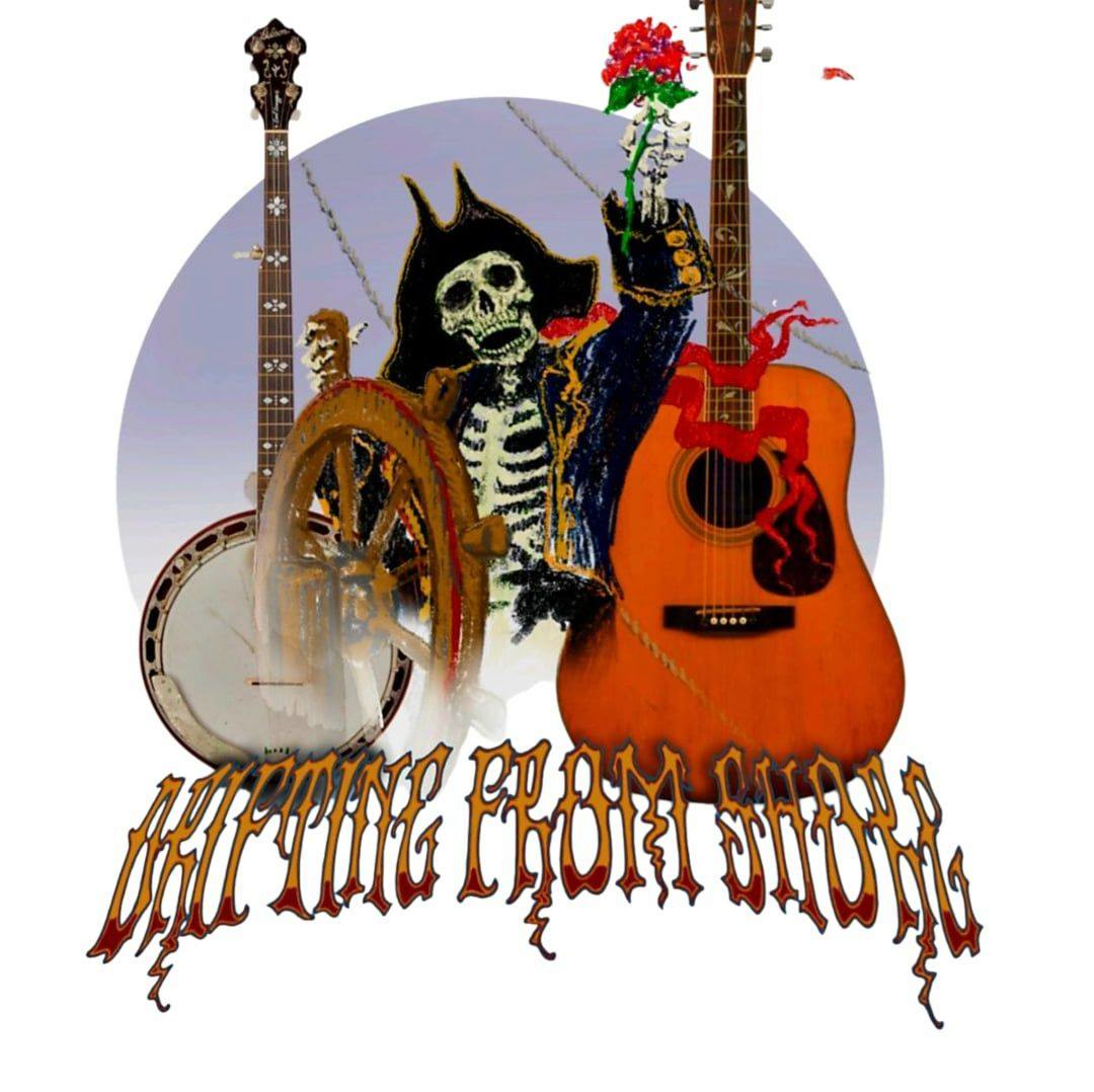 Drifting From Shore — skeleton at a ship's wheel flanked by banjo and guitar